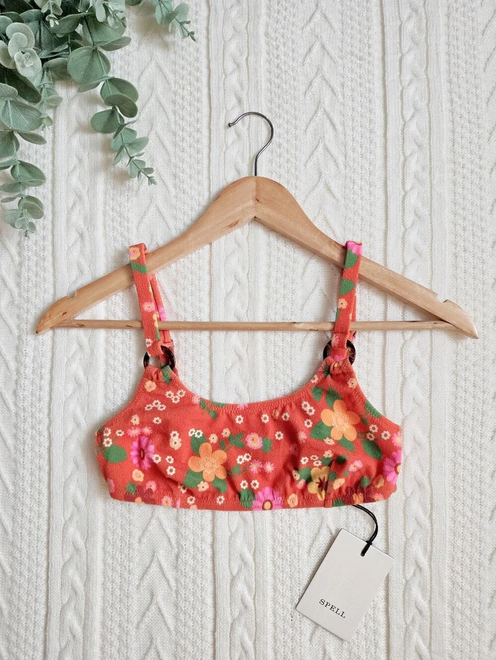 Spell Pomelia Ring Scoop Top Bikini Swim Retro Floral Stretch Lined Small NEW